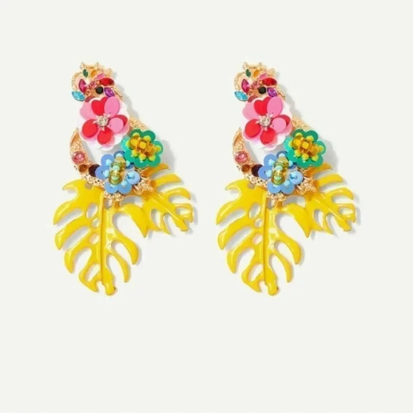 Zara Rio Tropical Monstera Yellow Leaves Drop Earrings - Picture 2 of 7